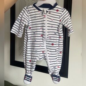 3/$12 Little Me Navy & White Striped Sports-Print Footed One-Piece